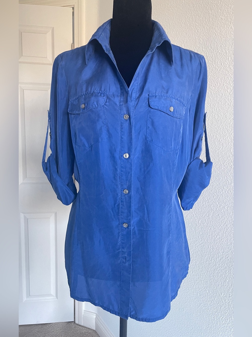 Express Royal Blue Button-Down 100% Silk Shirt with Roll-Tab Sleeves